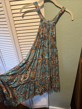 Elan Teal Paisley Halter Mini  Dress with Orange Accents